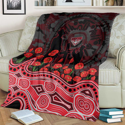 Essendon Bombers ANZAC Day Blanket Indigenous Dot Art with Poppy Flower Tribute