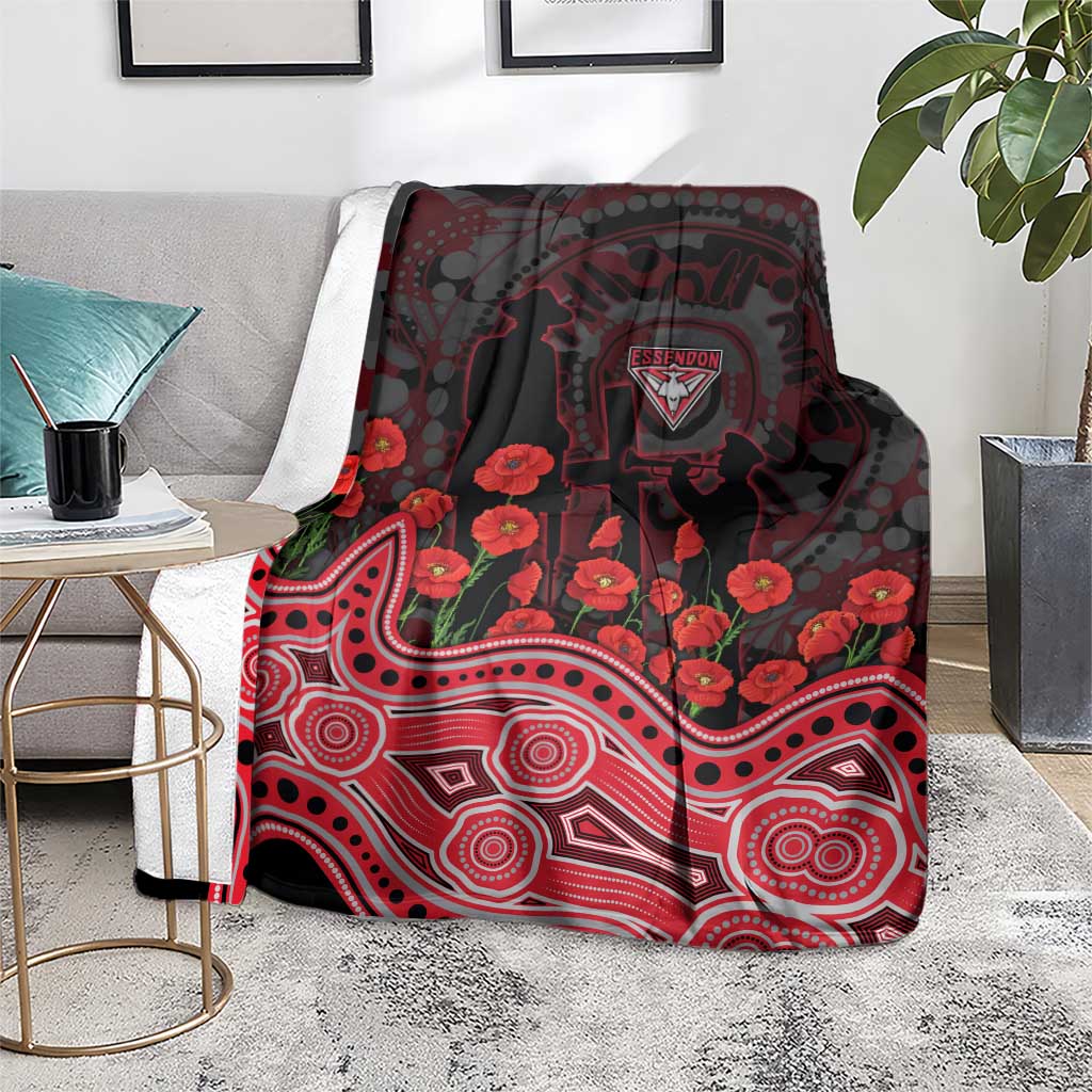Essendon Bombers ANZAC Day Blanket Indigenous Dot Art with Poppy Flower Tribute