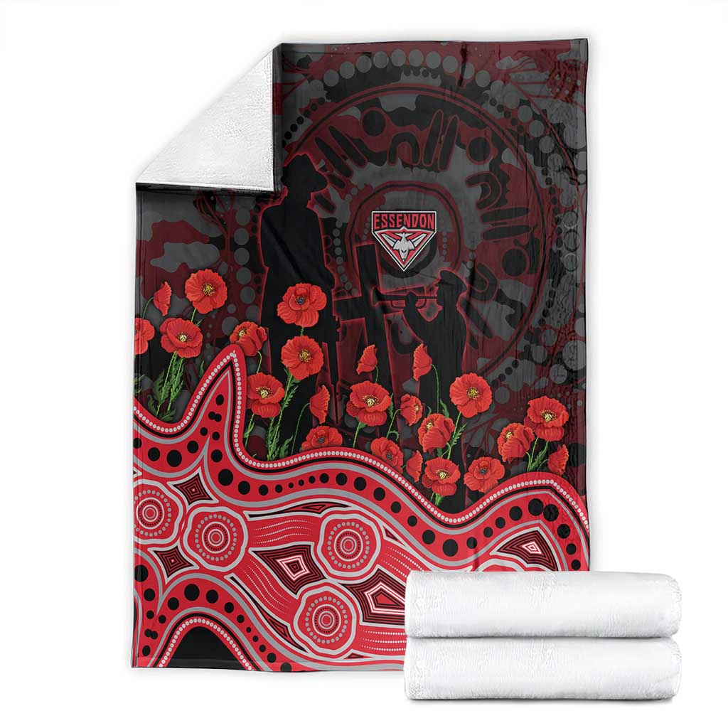 Essendon Bombers ANZAC Day Blanket Indigenous Dot Art with Poppy Flower Tribute