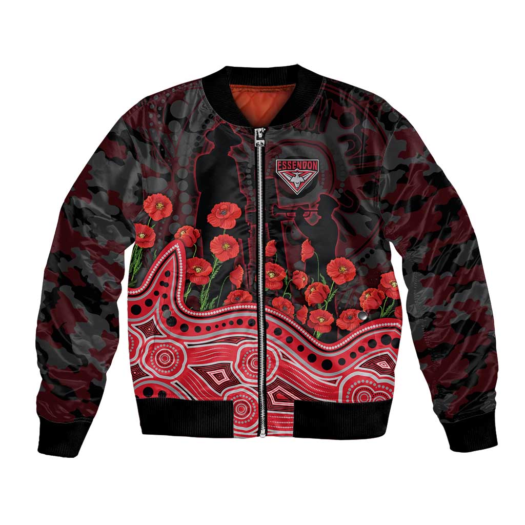Essendon Bombers ANZAC Day Bomber Jacket Indigenous Dot Art with Poppy Flower Tribute