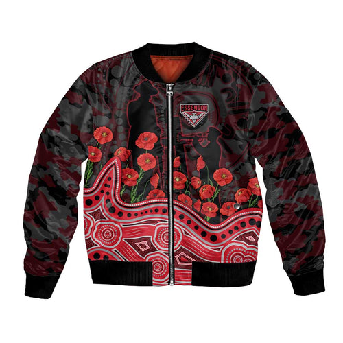 Essendon Bombers ANZAC Day Bomber Jacket Indigenous Dot Art with Poppy Flower Tribute