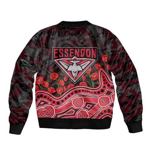 Essendon Bombers ANZAC Day Bomber Jacket Indigenous Dot Art with Poppy Flower Tribute