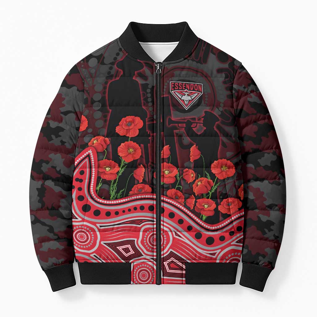 Essendon Bombers ANZAC Day Bomber Puffer Jacket Indigenous Dot Art with Poppy Flower Tribute