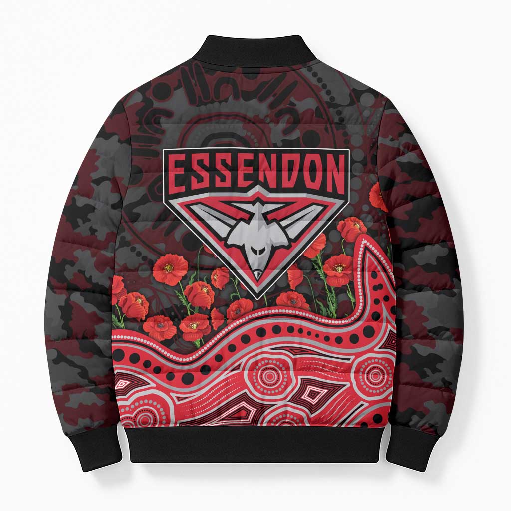 Essendon Bombers ANZAC Day Bomber Puffer Jacket Indigenous Dot Art with Poppy Flower Tribute