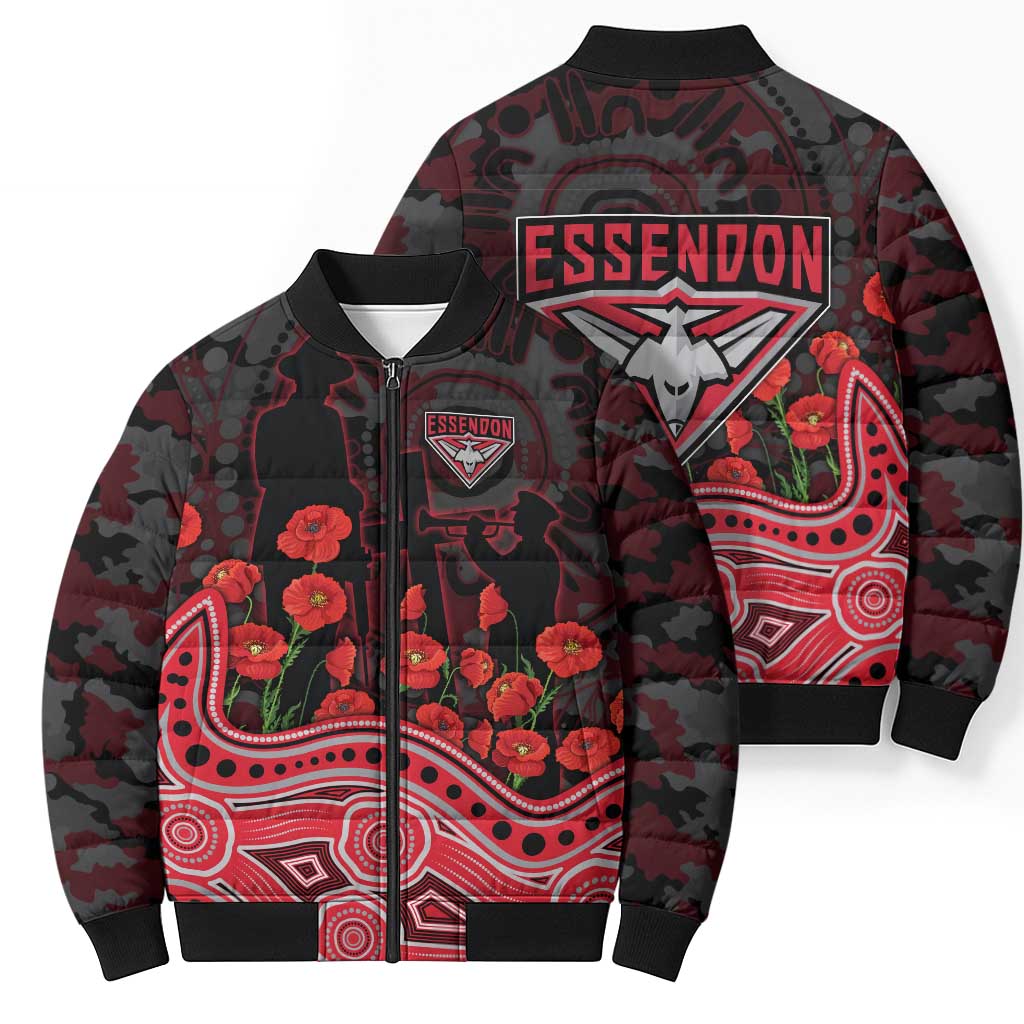 Essendon Bombers ANZAC Day Bomber Puffer Jacket Indigenous Dot Art with Poppy Flower Tribute