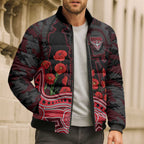 Essendon Bombers ANZAC Day Bomber Puffer Jacket Indigenous Dot Art with Poppy Flower Tribute