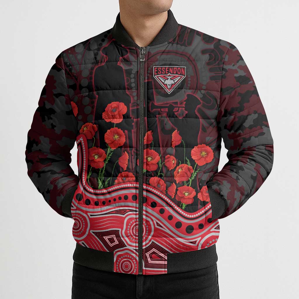 Essendon Bombers ANZAC Day Bomber Puffer Jacket Indigenous Dot Art with Poppy Flower Tribute