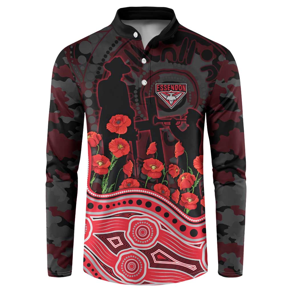 Essendon Bombers ANZAC Day Button Sweatshirt Indigenous Dot Art with Poppy Flower Tribute