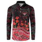Essendon Bombers ANZAC Day Button Sweatshirt Indigenous Dot Art with Poppy Flower Tribute
