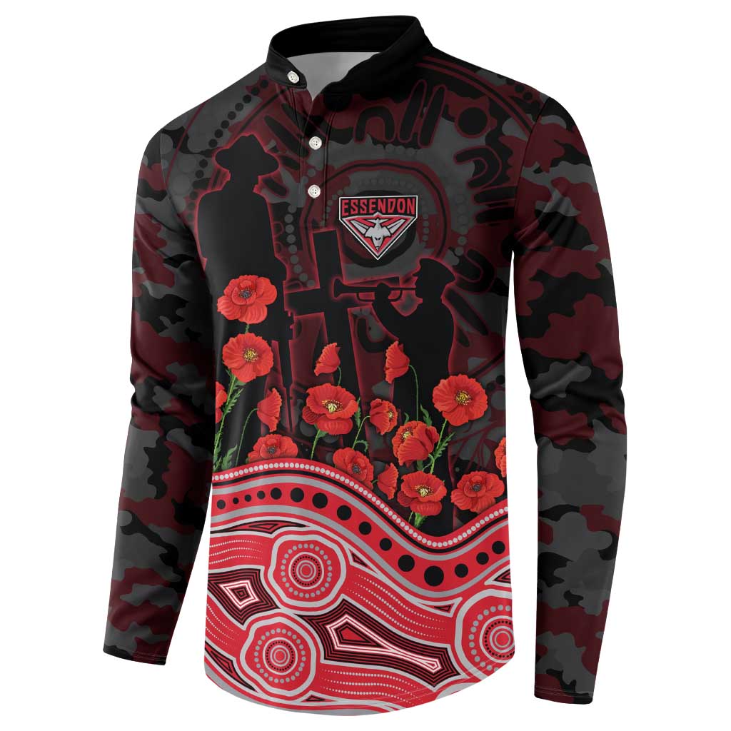 Essendon Bombers ANZAC Day Button Sweatshirt Indigenous Dot Art with Poppy Flower Tribute