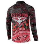 Essendon Bombers ANZAC Day Button Sweatshirt Indigenous Dot Art with Poppy Flower Tribute