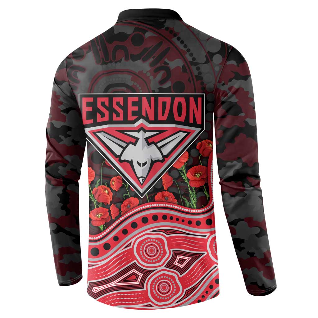 Essendon Bombers ANZAC Day Button Sweatshirt Indigenous Dot Art with Poppy Flower Tribute