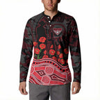 Essendon Bombers ANZAC Day Button Sweatshirt Indigenous Dot Art with Poppy Flower Tribute