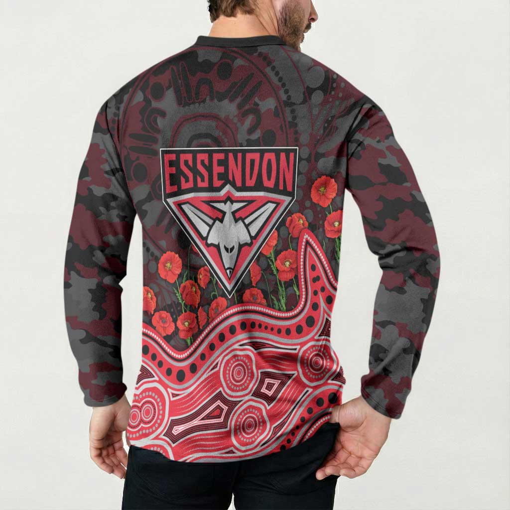 Essendon Bombers ANZAC Day Button Sweatshirt Indigenous Dot Art with Poppy Flower Tribute