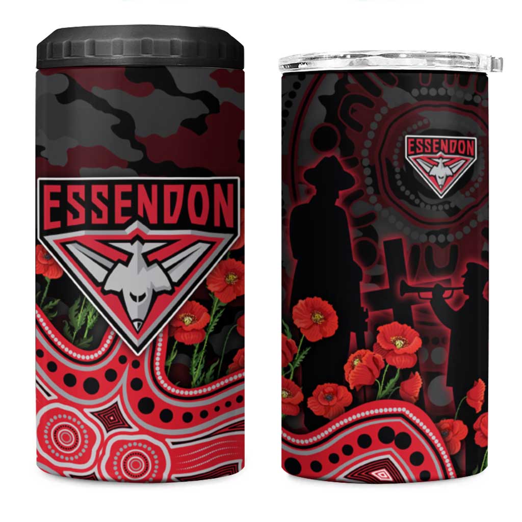 Essendon Bombers ANZAC Day 4 in 1 Can Cooler Tumbler Indigenous Dot Art with Poppy Flower Tribute