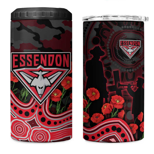 Essendon Bombers ANZAC Day 4 in 1 Can Cooler Tumbler Indigenous Dot Art with Poppy Flower Tribute