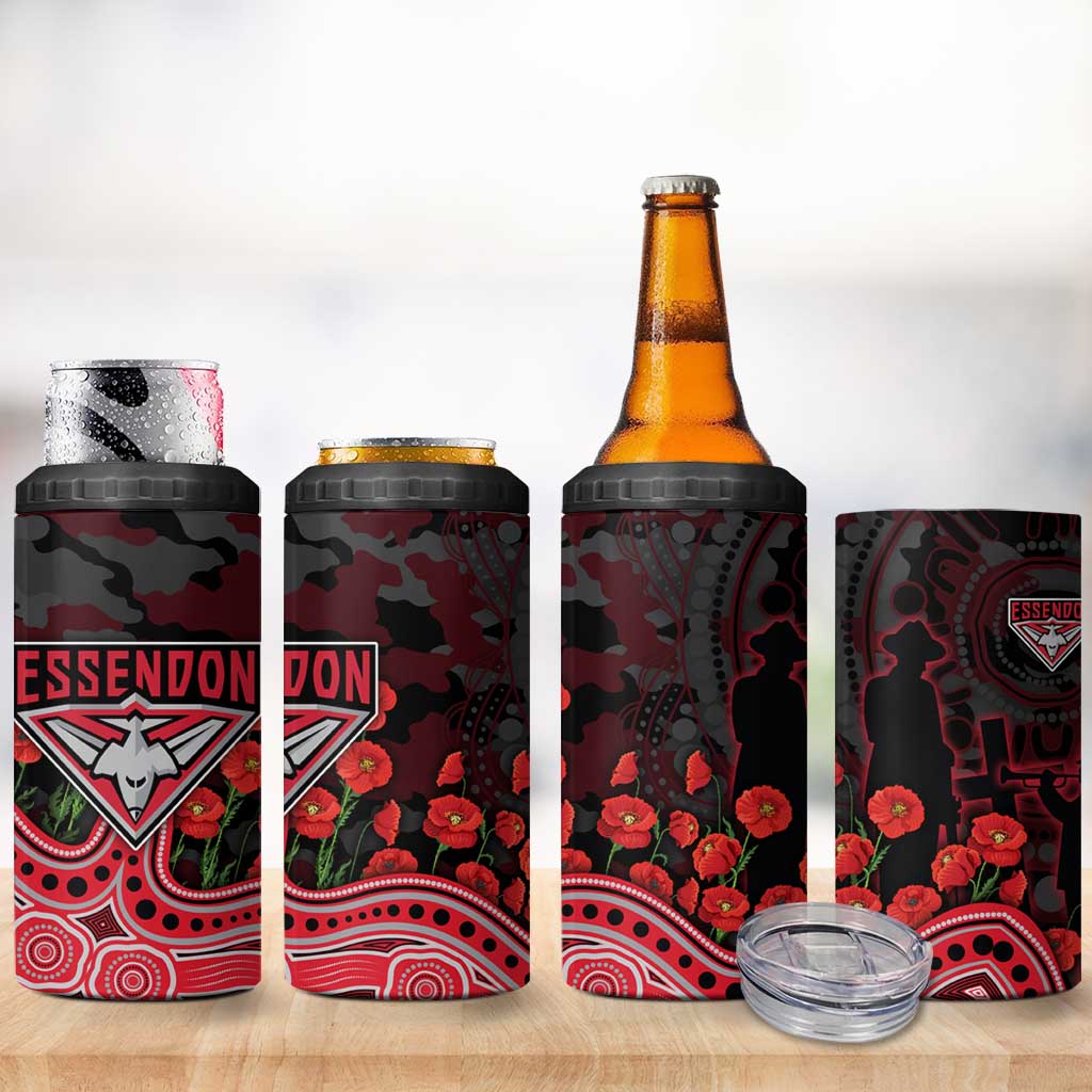 Essendon Bombers ANZAC Day 4 in 1 Can Cooler Tumbler Indigenous Dot Art with Poppy Flower Tribute