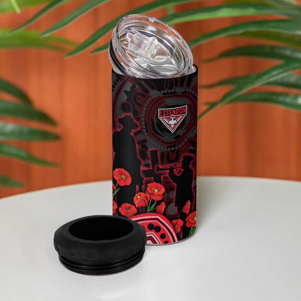 Essendon Bombers ANZAC Day 4 in 1 Can Cooler Tumbler Indigenous Dot Art with Poppy Flower Tribute