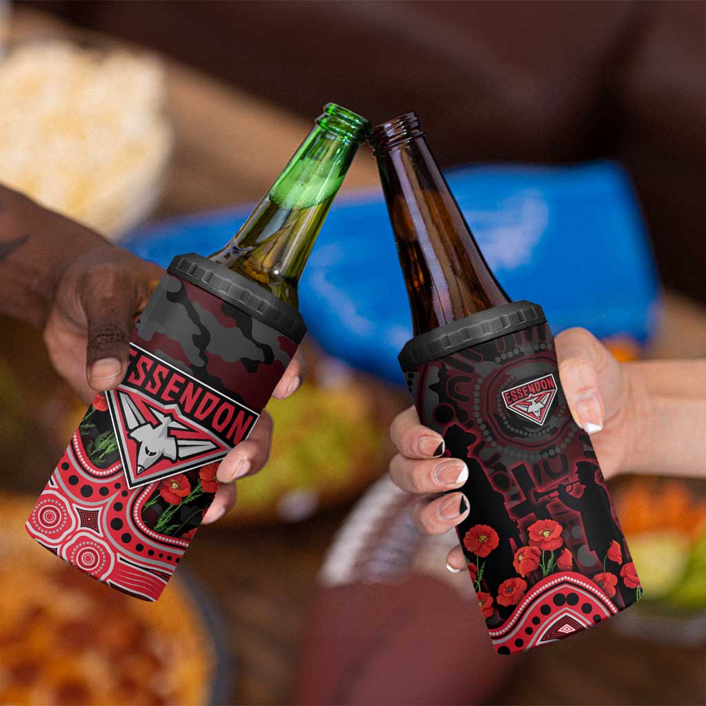 Essendon Bombers ANZAC Day 4 in 1 Can Cooler Tumbler Indigenous Dot Art with Poppy Flower Tribute