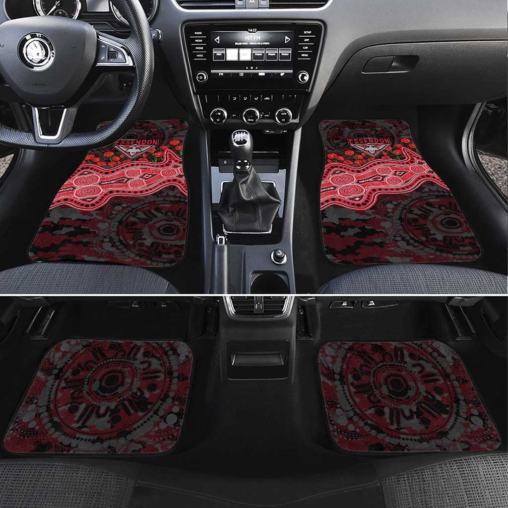 Essendon Bombers ANZAC Day Car Mats Indigenous Dot Art with Poppy Flower Tribute