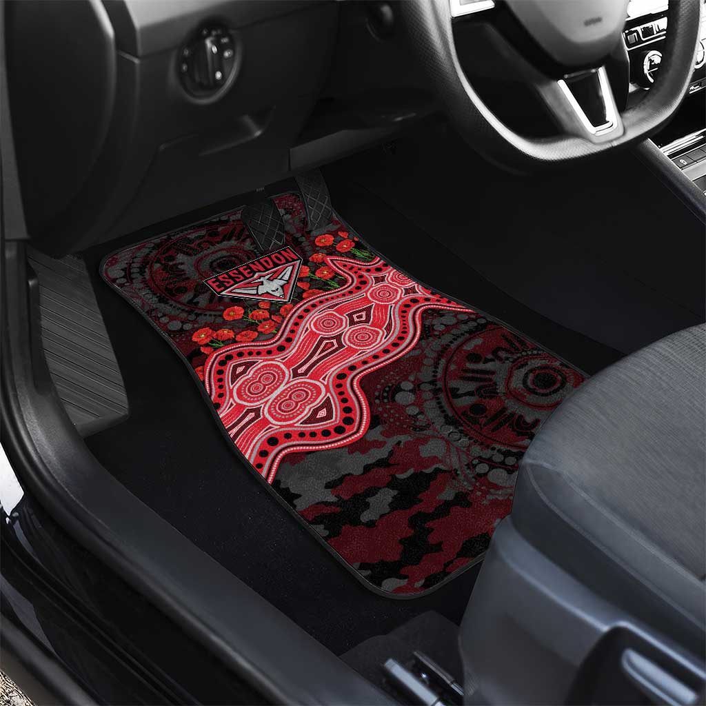 Essendon Bombers ANZAC Day Car Mats Indigenous Dot Art with Poppy Flower Tribute