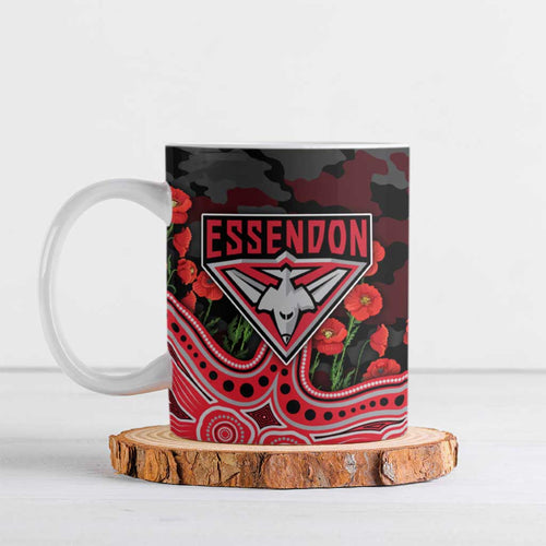 Essendon Bombers ANZAC Day Ceramic Mug Indigenous Dot Art with Poppy Flower Tribute