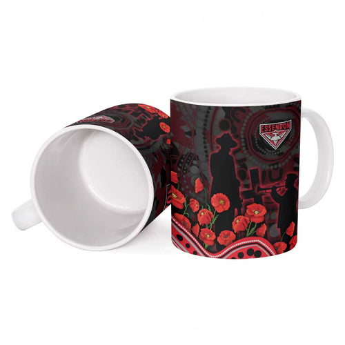 Essendon Bombers ANZAC Day Ceramic Mug Indigenous Dot Art with Poppy Flower Tribute