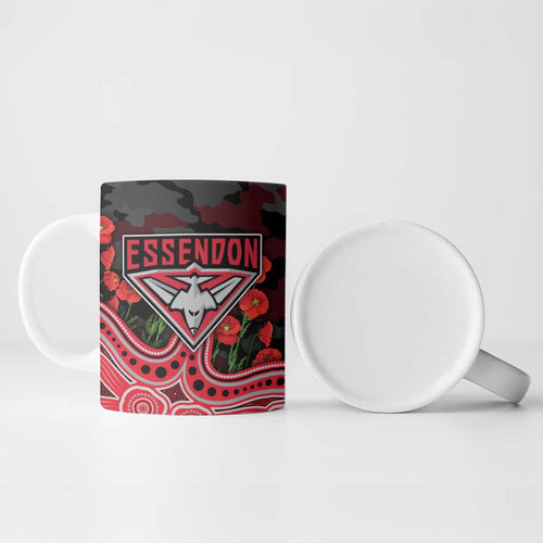 Essendon Bombers ANZAC Day Ceramic Mug Indigenous Dot Art with Poppy Flower Tribute