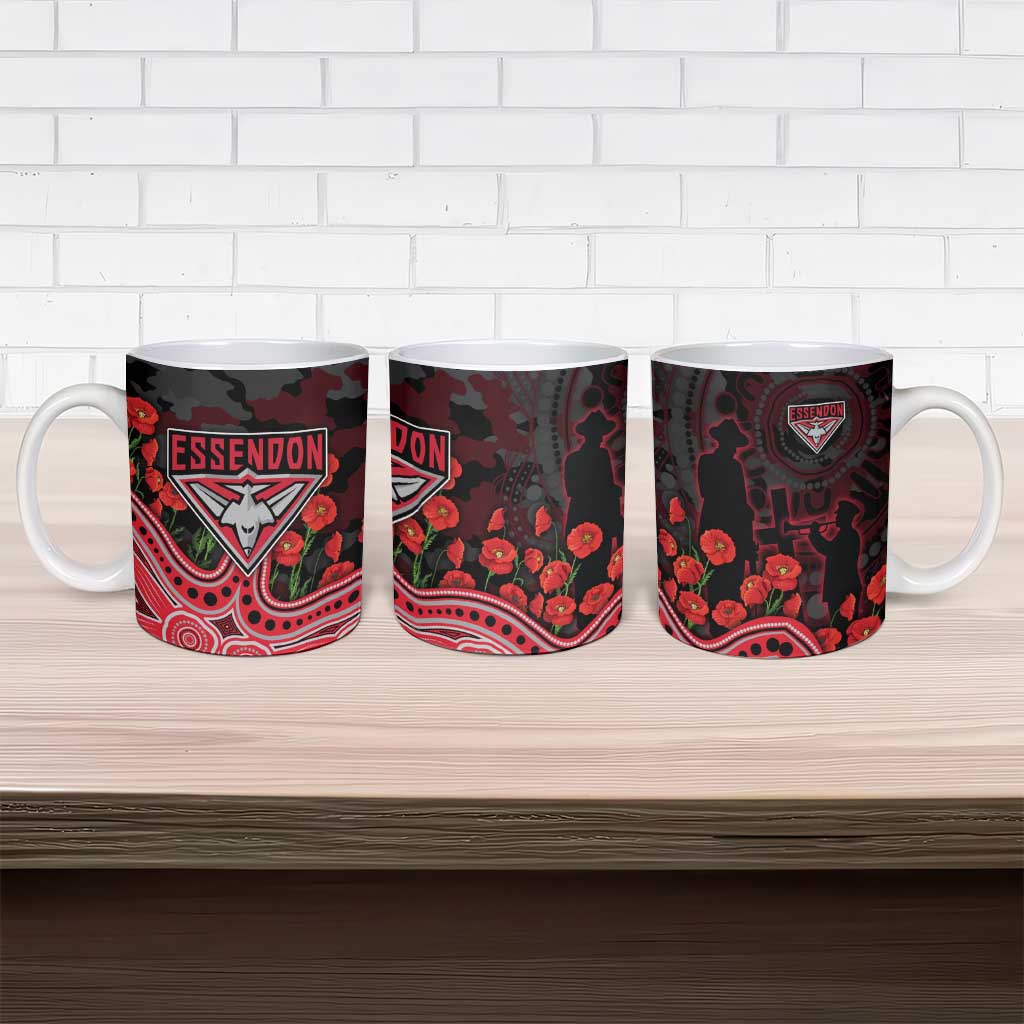 Essendon Bombers ANZAC Day Ceramic Mug Indigenous Dot Art with Poppy Flower Tribute