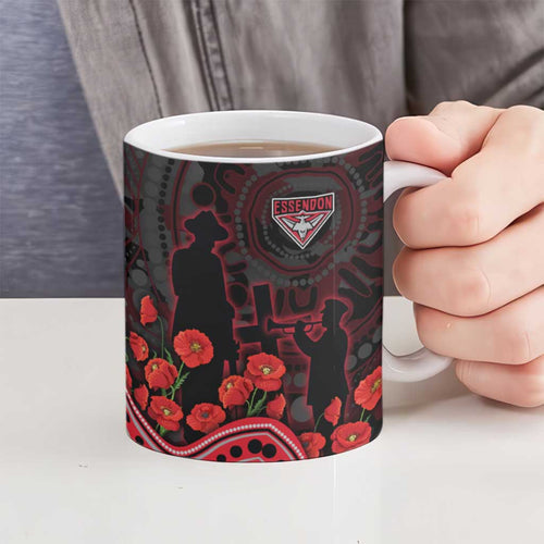 Essendon Bombers ANZAC Day Ceramic Mug Indigenous Dot Art with Poppy Flower Tribute