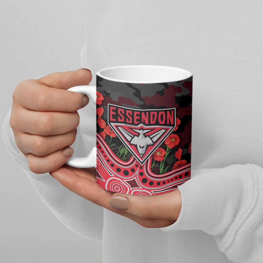 Essendon Bombers ANZAC Day Ceramic Mug Indigenous Dot Art with Poppy Flower Tribute
