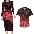 Essendon Bombers ANZAC Day Couples Matching Long Sleeve Bodycon Dress and Hawaiian Shirt Indigenous Dot Art with Poppy Flower Tribute