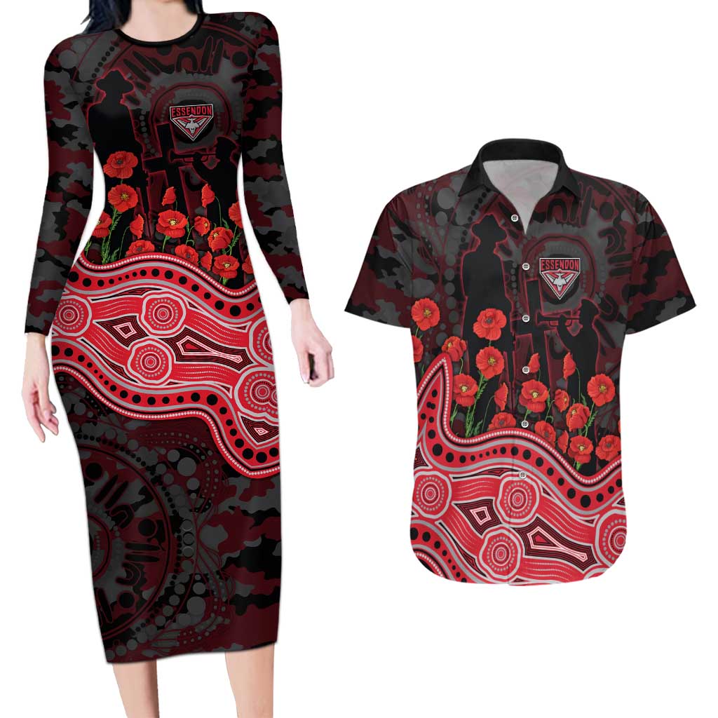 Essendon Bombers ANZAC Day Couples Matching Long Sleeve Bodycon Dress and Hawaiian Shirt Indigenous Dot Art with Poppy Flower Tribute