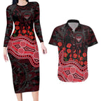 Essendon Bombers ANZAC Day Couples Matching Long Sleeve Bodycon Dress and Hawaiian Shirt Indigenous Dot Art with Poppy Flower Tribute
