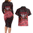 Essendon Bombers ANZAC Day Couples Matching Long Sleeve Bodycon Dress and Hawaiian Shirt Indigenous Dot Art with Poppy Flower Tribute