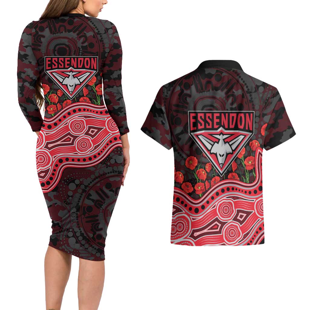 Essendon Bombers ANZAC Day Couples Matching Long Sleeve Bodycon Dress and Hawaiian Shirt Indigenous Dot Art with Poppy Flower Tribute