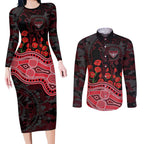 Essendon Bombers ANZAC Day Couples Matching Long Sleeve Bodycon Dress and Long Sleeve Button Shirt Indigenous Dot Art with Poppy Flower Tribute