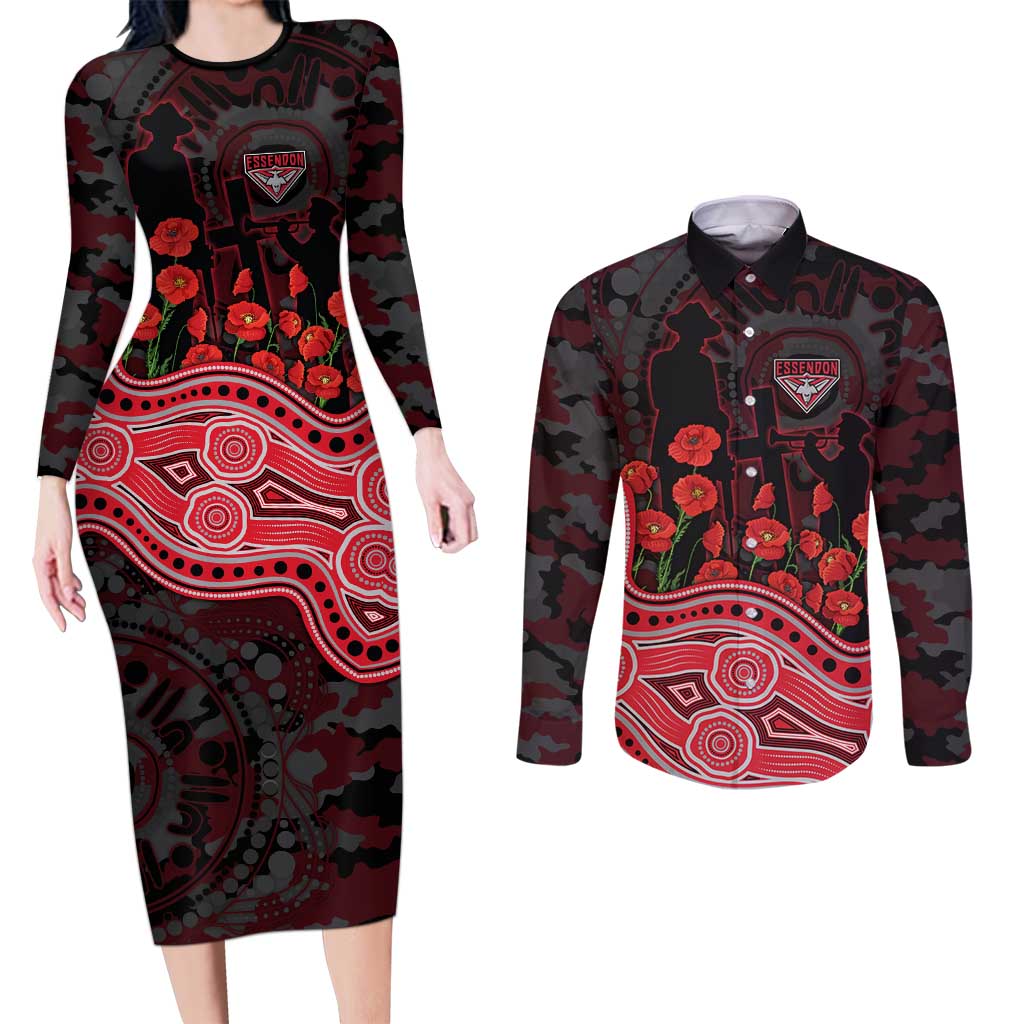 Essendon Bombers ANZAC Day Couples Matching Long Sleeve Bodycon Dress and Long Sleeve Button Shirt Indigenous Dot Art with Poppy Flower Tribute