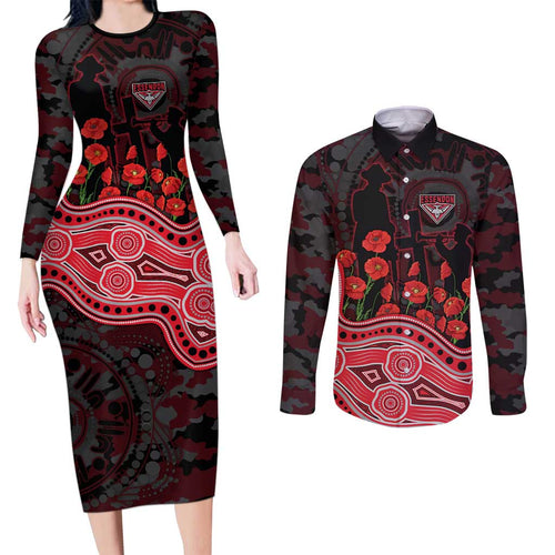 Essendon Bombers ANZAC Day Couples Matching Long Sleeve Bodycon Dress and Long Sleeve Button Shirt Indigenous Dot Art with Poppy Flower Tribute