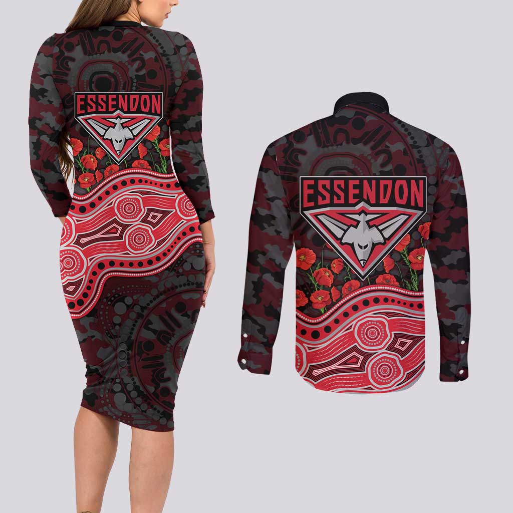 Essendon Bombers ANZAC Day Couples Matching Long Sleeve Bodycon Dress and Long Sleeve Button Shirt Indigenous Dot Art with Poppy Flower Tribute