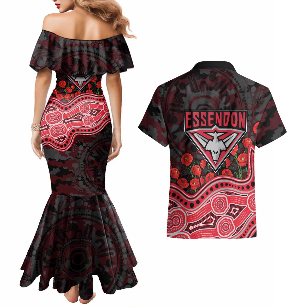 Essendon Bombers ANZAC Day Couples Matching Mermaid Dress and Hawaiian Shirt Indigenous Dot Art with Poppy Flower Tribute