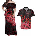 Essendon Bombers ANZAC Day Couples Matching Off Shoulder Maxi Dress and Hawaiian Shirt Indigenous Dot Art with Poppy Flower Tribute