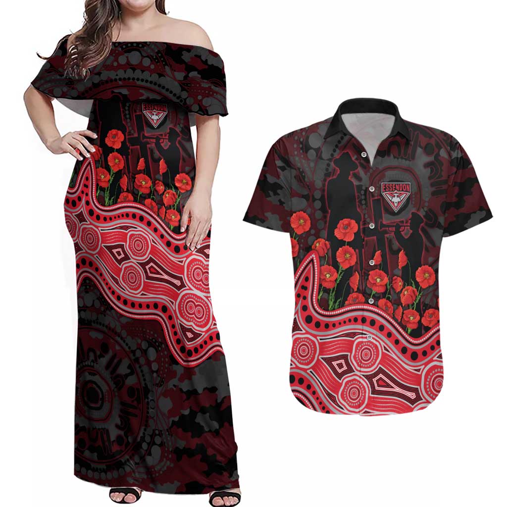 Essendon Bombers ANZAC Day Couples Matching Off Shoulder Maxi Dress and Hawaiian Shirt Indigenous Dot Art with Poppy Flower Tribute
