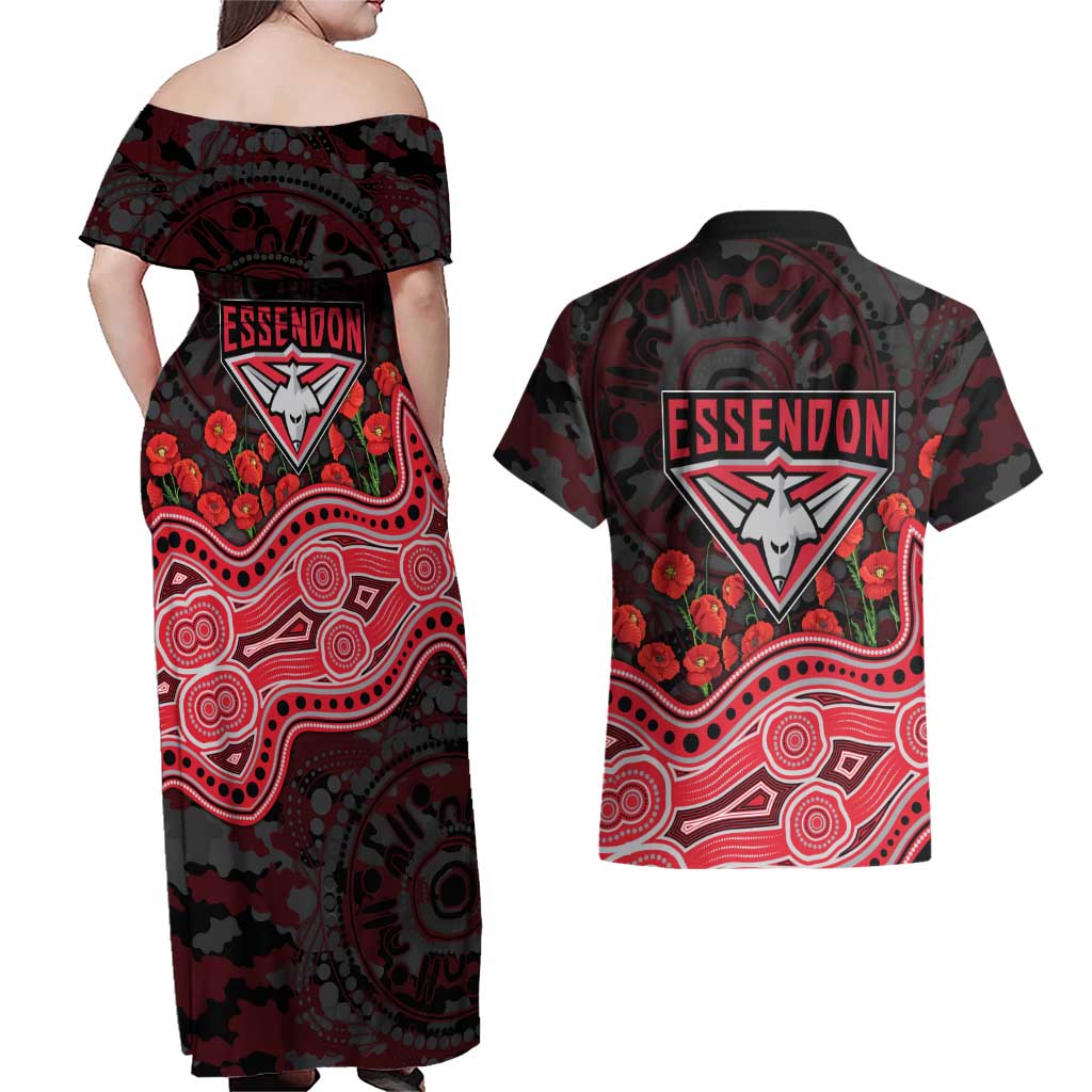 Essendon Bombers ANZAC Day Couples Matching Off Shoulder Maxi Dress and Hawaiian Shirt Indigenous Dot Art with Poppy Flower Tribute