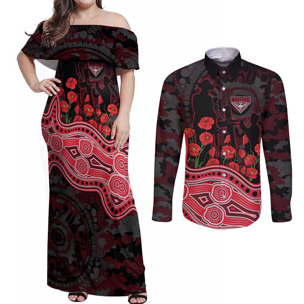 Essendon Bombers ANZAC Day Couples Matching Off Shoulder Maxi Dress and Long Sleeve Button Shirt Indigenous Dot Art with Poppy Flower Tribute