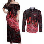 Essendon Bombers ANZAC Day Couples Matching Off Shoulder Maxi Dress and Long Sleeve Button Shirt Indigenous Dot Art with Poppy Flower Tribute