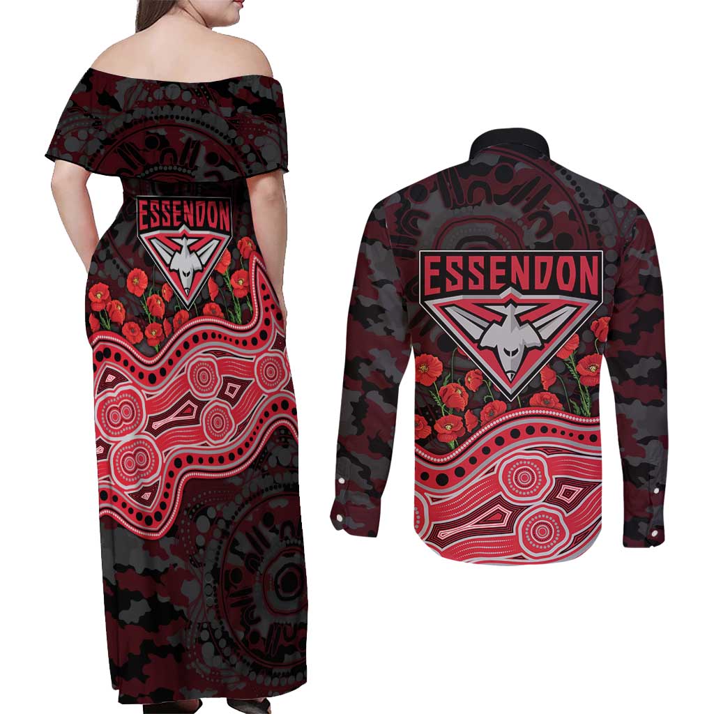 Essendon Bombers ANZAC Day Couples Matching Off Shoulder Maxi Dress and Long Sleeve Button Shirt Indigenous Dot Art with Poppy Flower Tribute