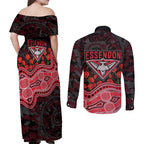 Essendon Bombers ANZAC Day Couples Matching Off Shoulder Maxi Dress and Long Sleeve Button Shirt Indigenous Dot Art with Poppy Flower Tribute
