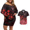 Essendon Bombers ANZAC Day Couples Matching Off Shoulder Short Dress and Hawaiian Shirt Indigenous Dot Art with Poppy Flower Tribute