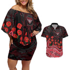 Essendon Bombers ANZAC Day Couples Matching Off Shoulder Short Dress and Hawaiian Shirt Indigenous Dot Art with Poppy Flower Tribute